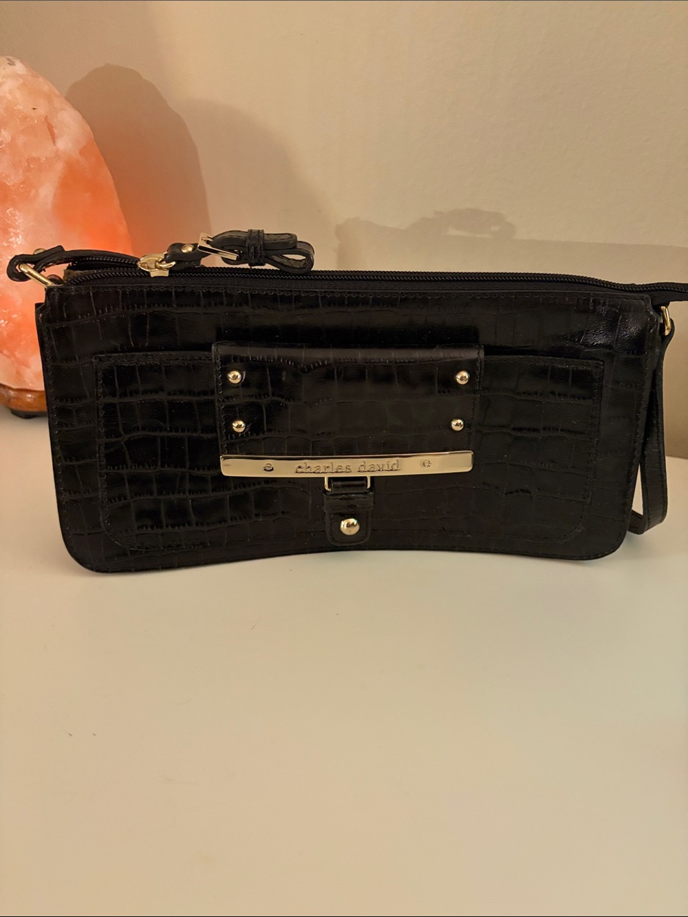 Charles David Black Croc-Embossed Wristlet with Gold Accent